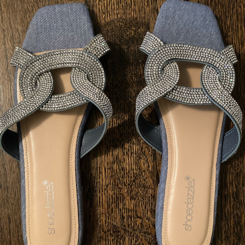 ShoeDazzle Denim Rhinestone Sandals